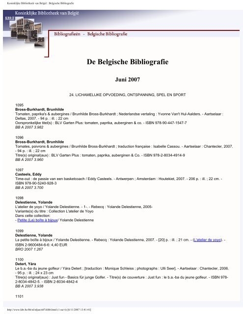 De Belgische Bibliografie Juni 2007 - Koninklijke Bibliotheek van ...