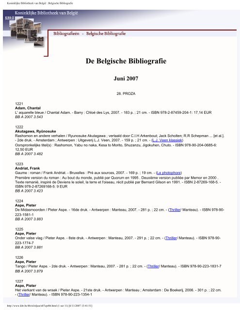 De Belgische Bibliografie Juni 2007 - Koninklijke Bibliotheek van ...