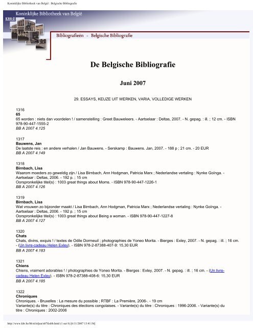 De Belgische Bibliografie Juni 2007 - Koninklijke Bibliotheek van ...