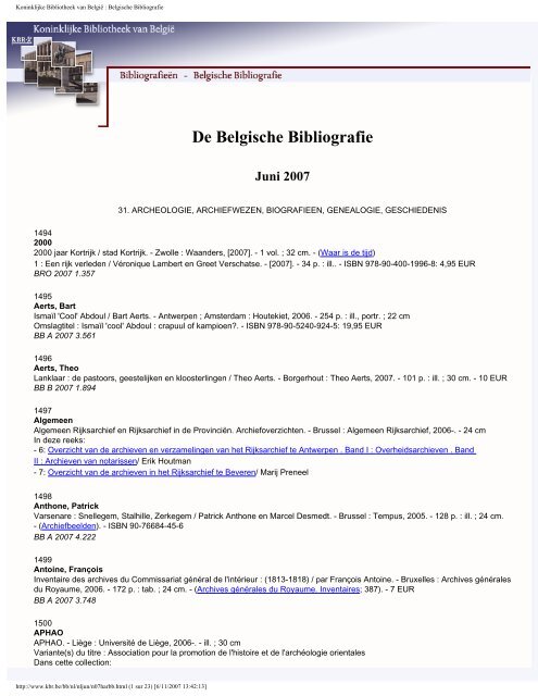 De Belgische Bibliografie Juni 2007 - Koninklijke Bibliotheek van ...