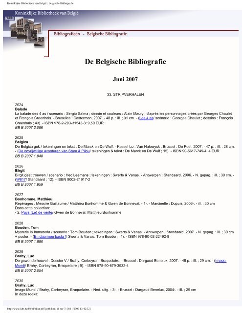 De Belgische Bibliografie Juni 2007 - Koninklijke Bibliotheek van ...