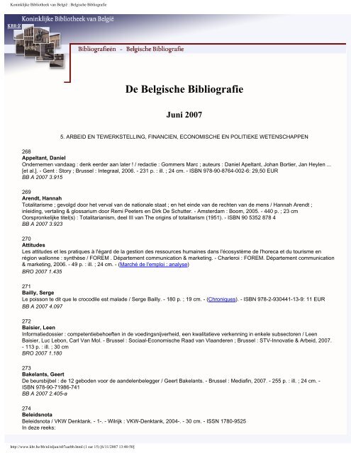De Belgische Bibliografie Juni 2007 - Koninklijke Bibliotheek van ...