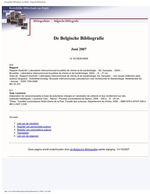 De Belgische Bibliografie Juni 2007 - Koninklijke Bibliotheek van ...