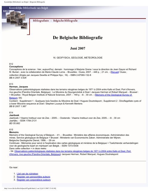 De Belgische Bibliografie Juni 2007 - Koninklijke Bibliotheek van ...