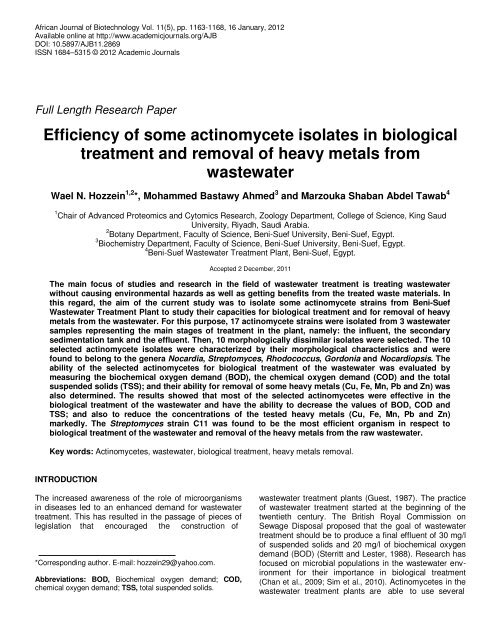 Efficiency of some actinomycete isolates in biological treatment and ...