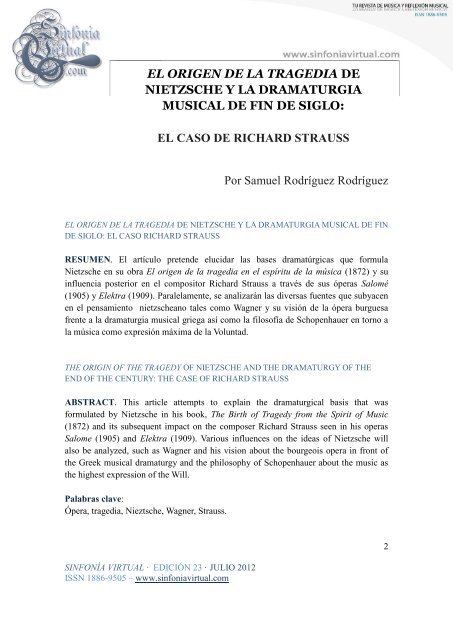 EL ORIGEN DE LA TRAGEDIA DE NIETZSCHE Y ... - Sinfonía Virtual