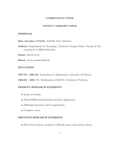 CURRICULUM VITAE VICENT CASELLES COSTA PERSONAL ...