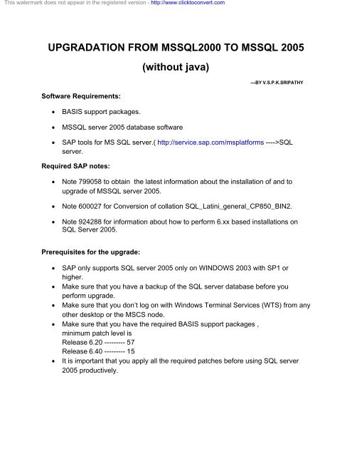 UPGRADATION FROM MSSQL2000 TO MSSQL 2005 ... - sap basis