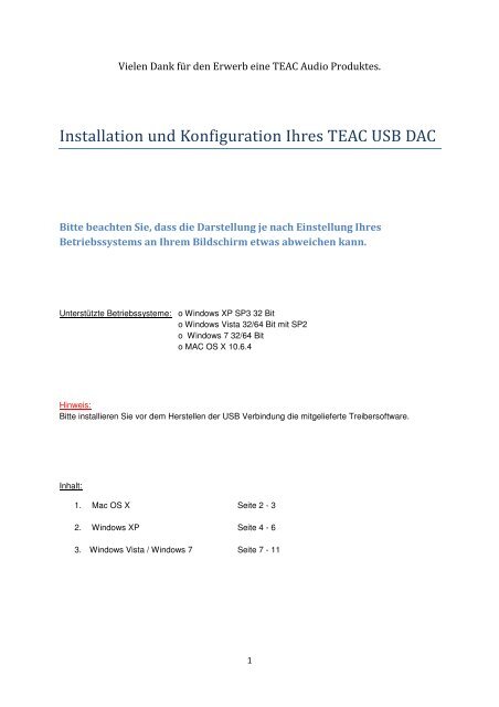 TEAC USB DAC Installation_Konfiguration_DE - TEAC Europe GmbH