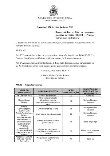 Portaria n 151 - AP E_02-2012 - Secretaria de Cultura da Bahia