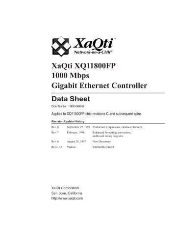 XaQti XQ11800FP 1000 Mbps Gigabit Ethernet Controller Data Sheet