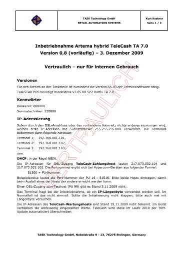 Inbetriebnahme Artema hybrid TeleCash TA 7.0 Version 0,8 ...