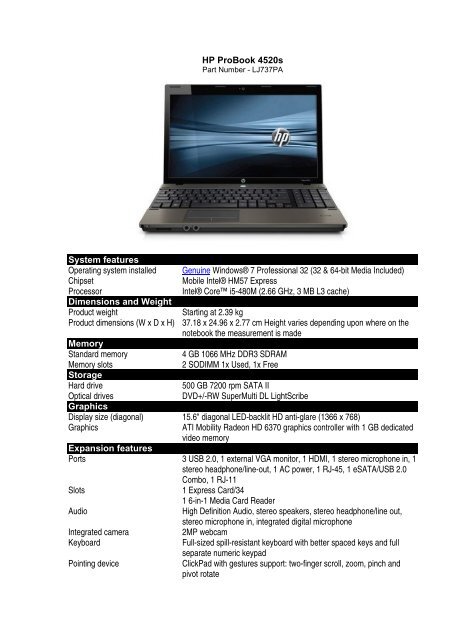 HP ProBook 4520s System features Operating system installed ...