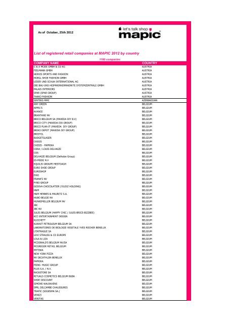 List of registered retail companies at MAPIC 2012 by country