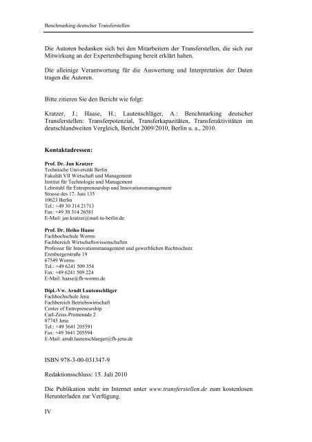 benchmarking deutscher transferstellen - Fachbereich ...