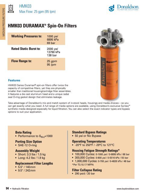 HMK03 DURAMAX® Spin-On Filters - Donaldson Company, Inc.