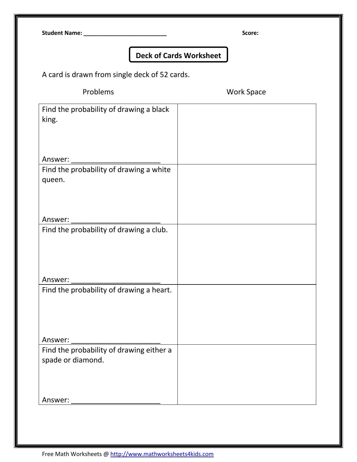 Deck of cards-worksheet 2 - Math Worksheets For Kids