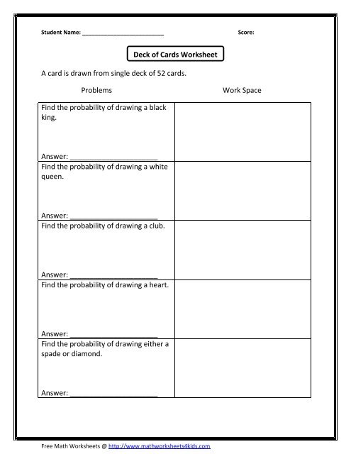 Deck of cards-worksheet 2 - Math Worksheets For Kids