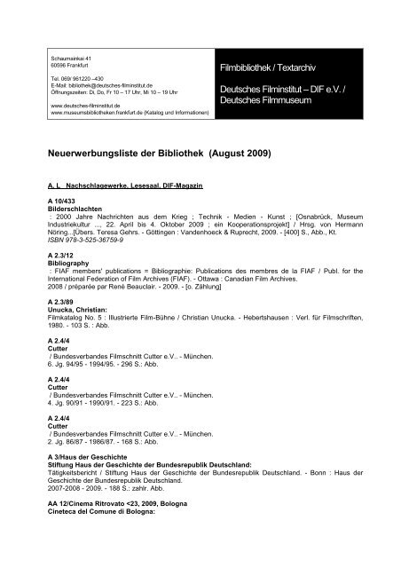 Filmbibliothek / Textarchiv Deutsches Filminstitut – DIF eV - Verbund ...