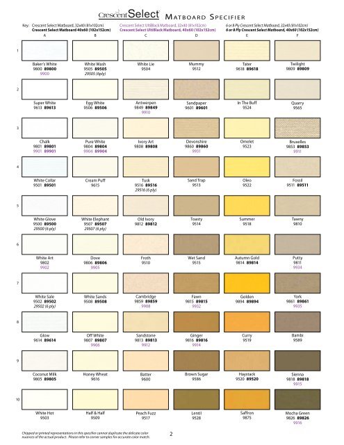 Crescent Matboard Color Chart