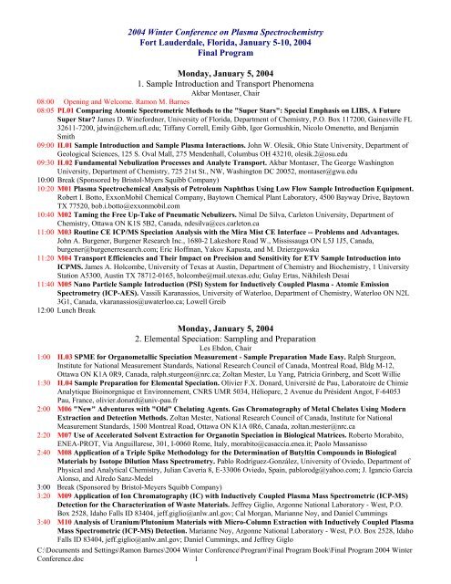 2004 Winter Conference on Plasma Spectrochemistry Fort Lauderdale