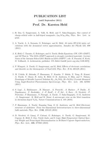 Full publication list of Prof. Karsten Held