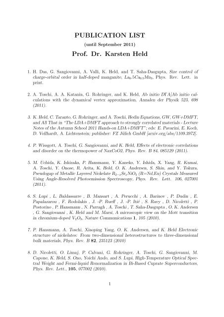 Full Publication List Of Prof Karsten Held