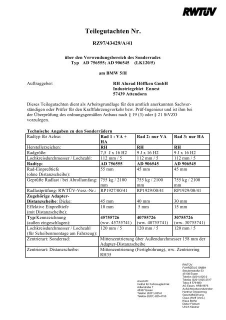 Teilegutachten Nr. - RH Alurad