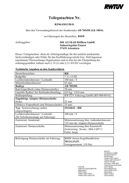 Teilegutachten Nr. - RH Alurad
