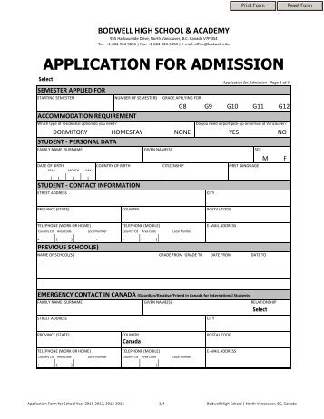 APPLICATION FOR ADMISSION - Bodwell High School