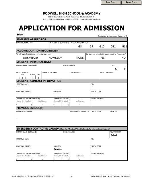 APPLICATION FOR ADMISSION - Bodwell High School