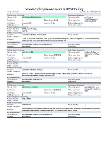 Evidované voľné pracovné miesta na UPSVR Piešťany