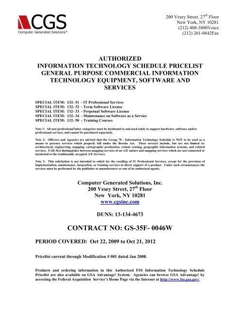 contract no: gs-35f- 0046w - Computer Generated Solutions