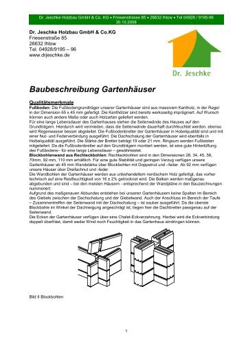 Baubeschreibung Gartenhäuser - Dr. Jeschke Holzbau