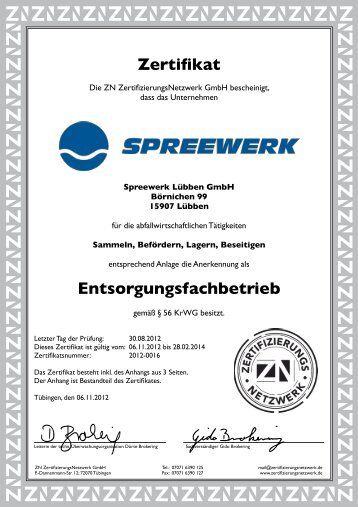Zertifikat - Industriepark Spreewerk Lübben GmbH