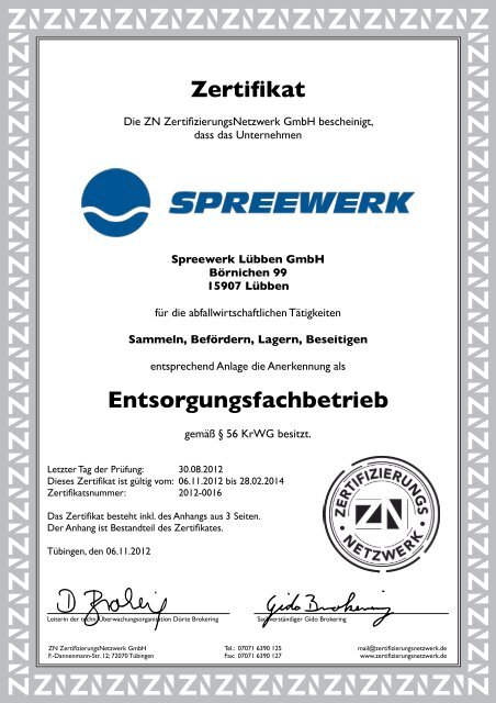 Zertifikat - Industriepark Spreewerk Lübben GmbH