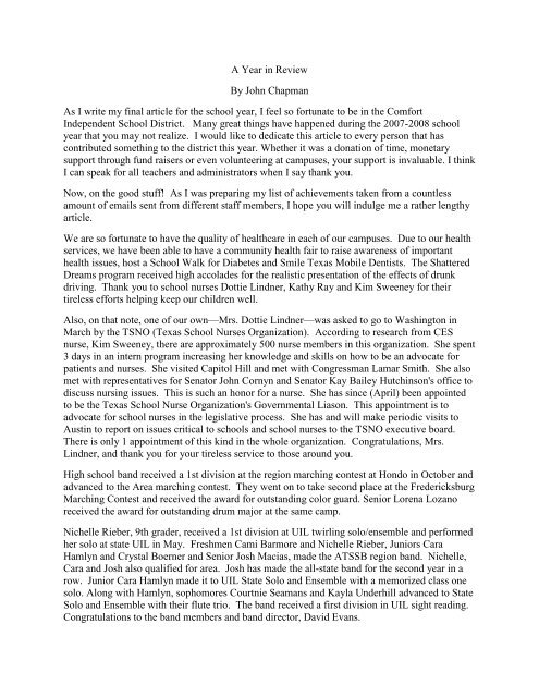 A Year in Review By John Chapman As I write my final ... - Comfort ISD
