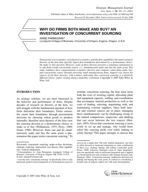 Why do firms both make and buy? An investigation of concurrent ...