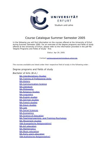Course Catalogue Summer Semester 2005