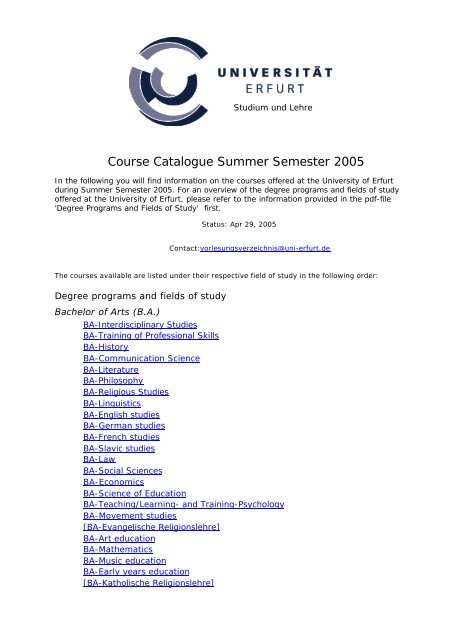 Course Catalogue Summer Semester 2005