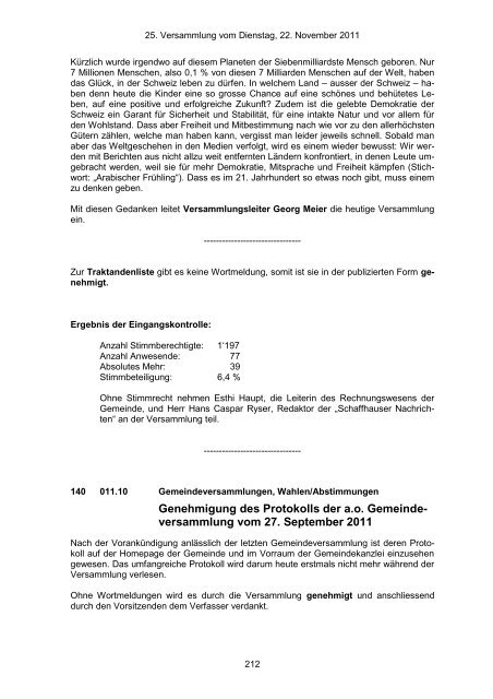 Protokoll 25. Gemeindeversammlung der Gemeinde Schleitheim
