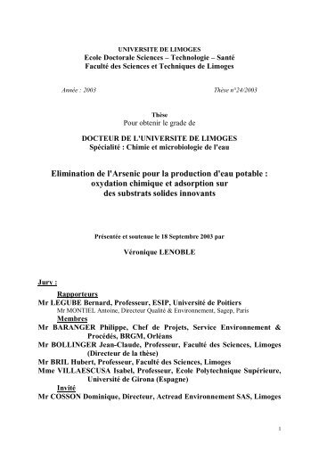 Elimination de l'Arsenic pour la production d'eau potable : oxydation ...