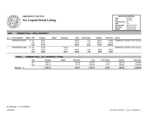 Tax Unpaid Detail Listing - Fremont County