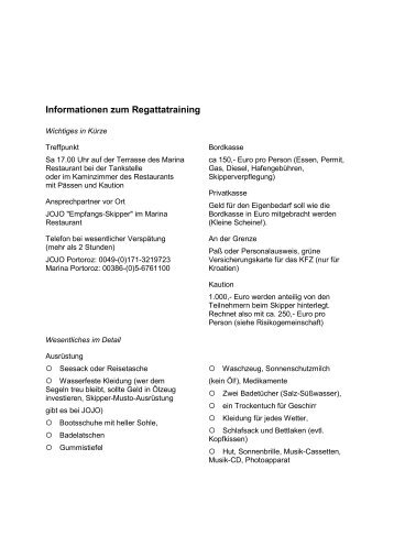 Informationen zum Regattatraining - JOJO Wassersport