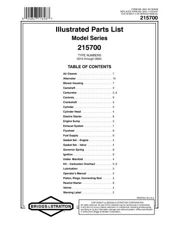 Illustrated Parts List 215700 - Briggs & Stratton