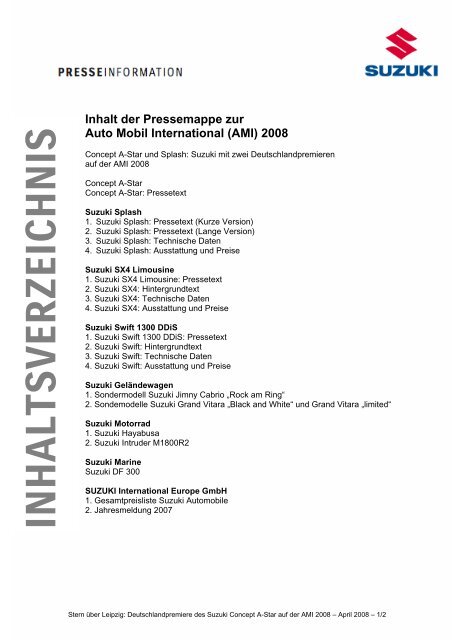 Inhalt der Pressemappe zur Auto Mobil International (AMI) 2008