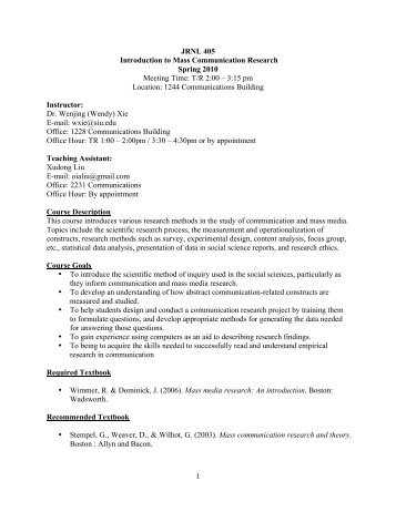 JRNL 405 Introduction to Mass Communication Research Spring ...