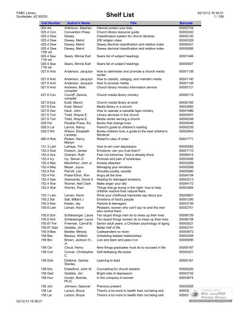 Shelf List - First Southern Baptist Church of Scottsdale