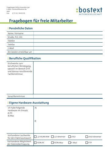 Fragebogen für freie Mitarbeiter Programmkenntnisse