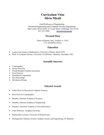 Curriculum Vitae Silvio Micali - CSAIL People - MIT